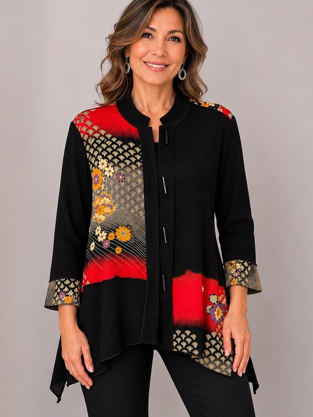 Moonlight Y&S Japanese Floral Print Asymmetrical Jacket Black Red Medium USA
